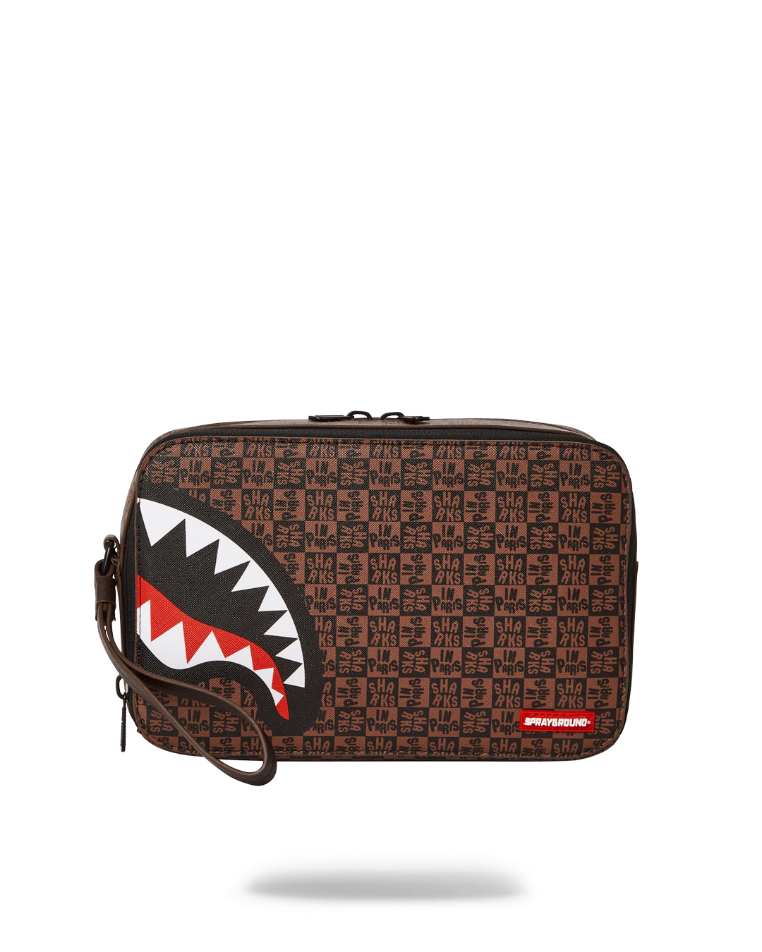 FRENZY SHARKS toiletry bag open, showing interior pockets