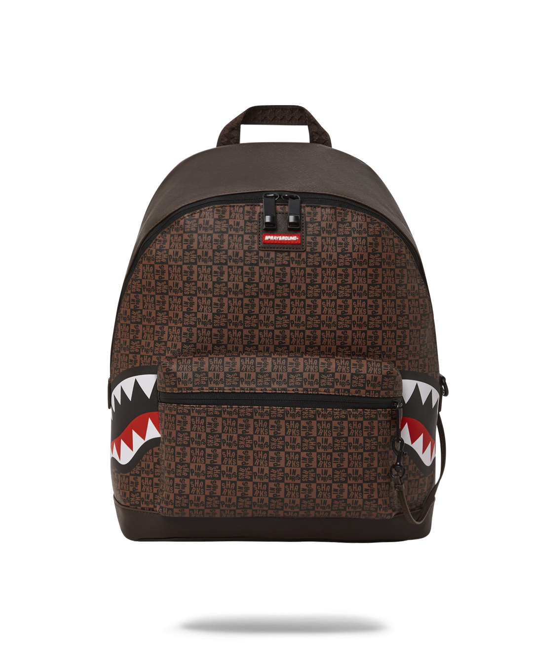 Frenzy Sharks Chateau Backpack in faux leather, showcasing front compartments