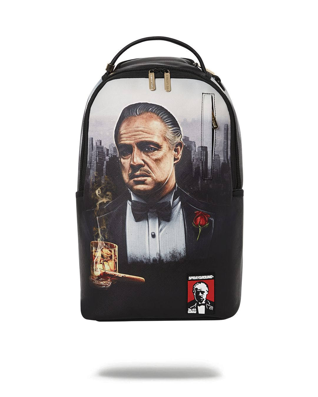 The Godfather faux leather backpack shown on a city street, highlighting its sleek design