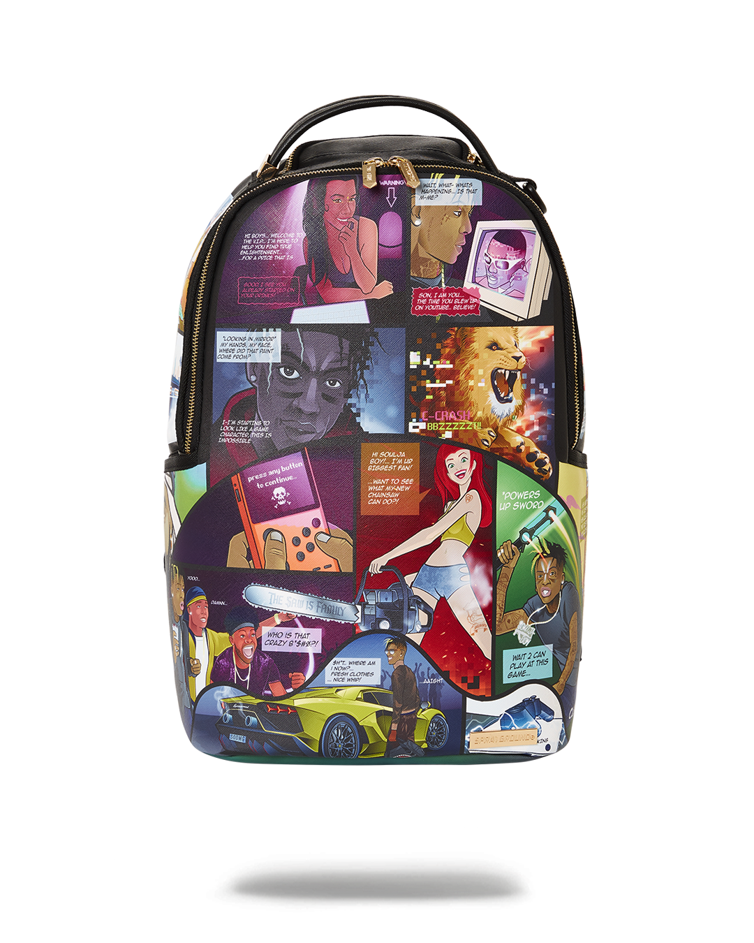 Front view of the Soulja Boy comic life Sprayground backpack with detailed artwork