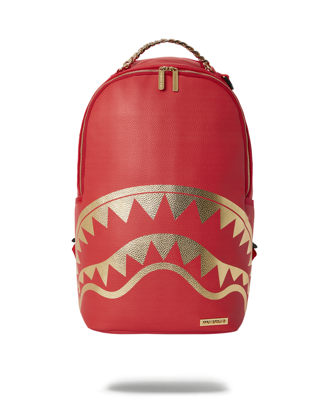Front view of the shark design luxury backpack with gold zippers.