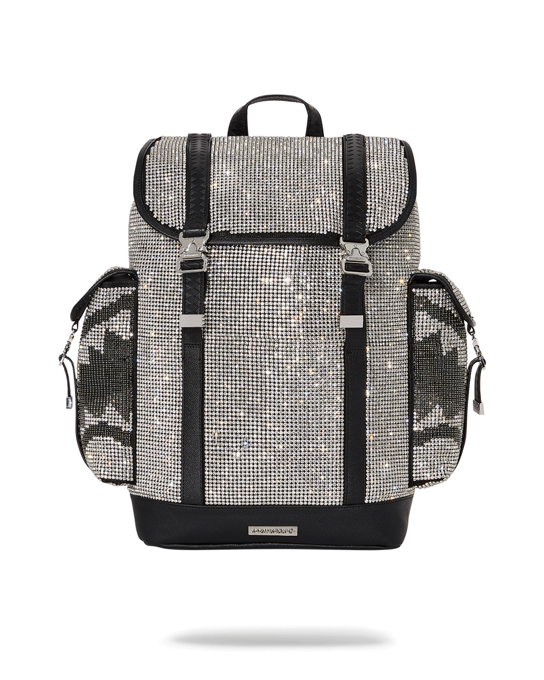 Front view of the vegan leather Monte Carlo backpack with rhinestones and cargo pockets