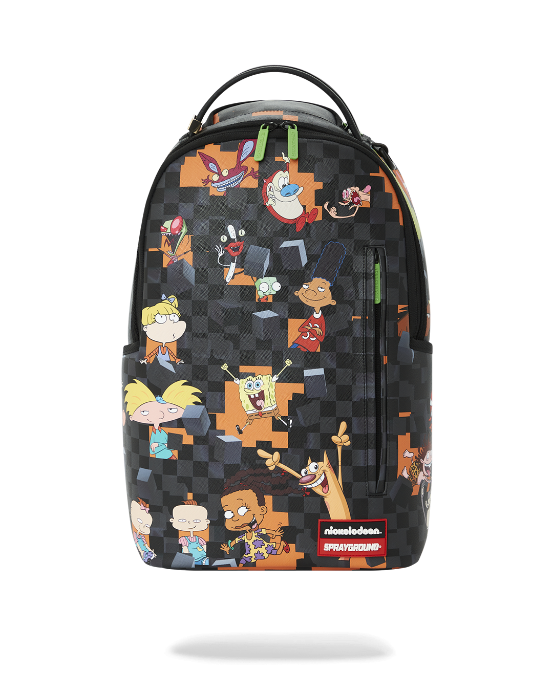 Front view of Nickelodeon faux leather backpack with gold zipper details