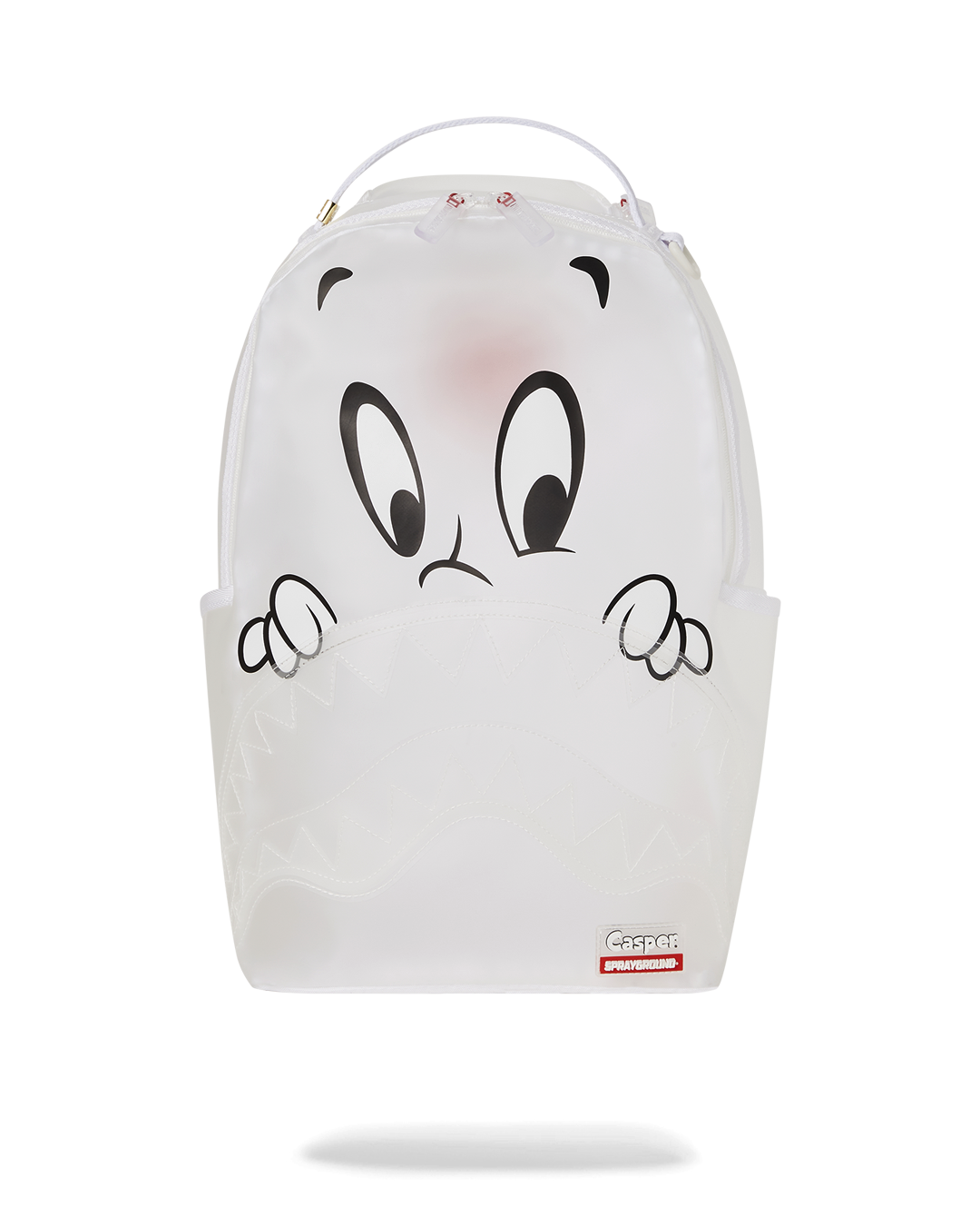Sprayground Casper backpack worn casually over one shoulder, showcasing its semi-transparent design