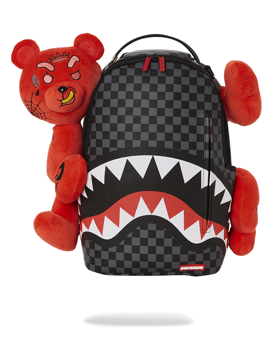 Front view of Sprayground backpack showing plush bear detail and gold zippers