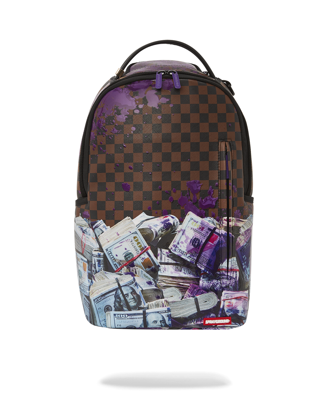 Luxe Heist Faux Leather Backpack with front zipper pocket and gold zippers in an outdoor setting.