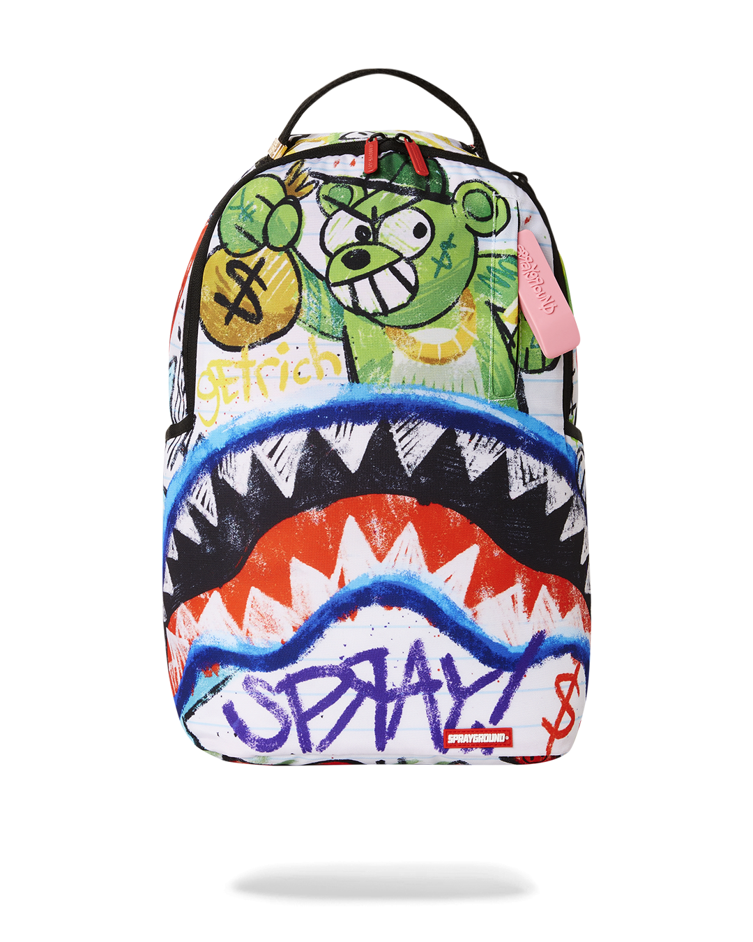 Front view of the stylish Scribble Me Rich designer backpack with gold zippers