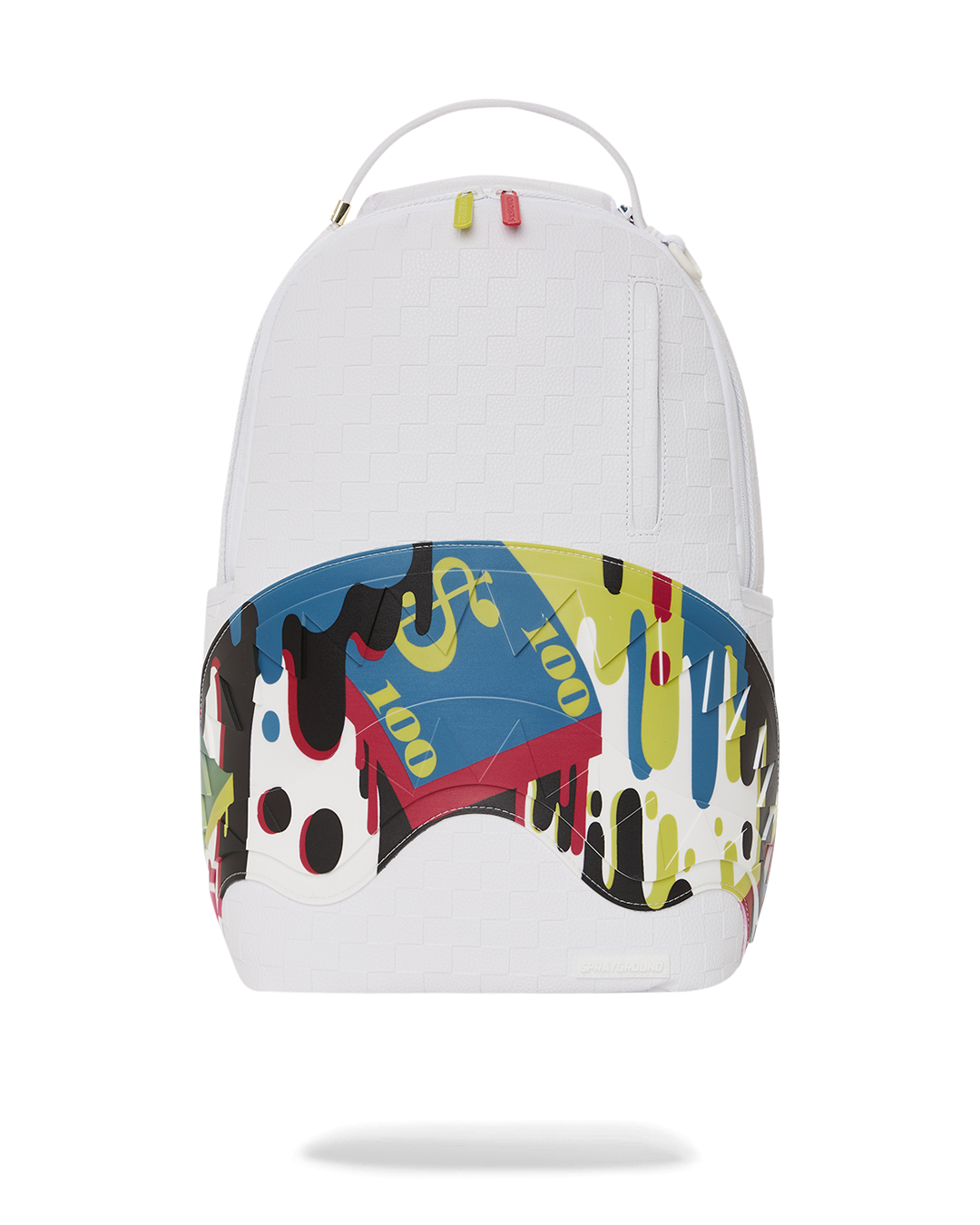 Faux leather backpack with embossed design displayed on a park bench.