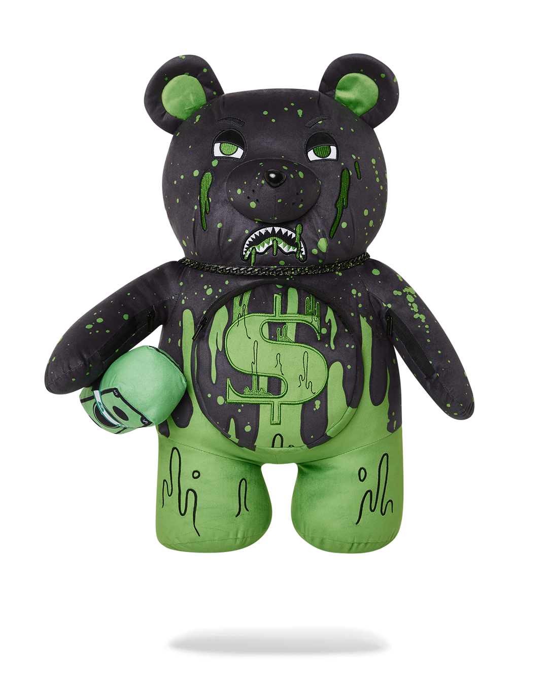 Front view of the Limited Edition Money Bear Teddy Bear Backpack showcasing silver appliques.
