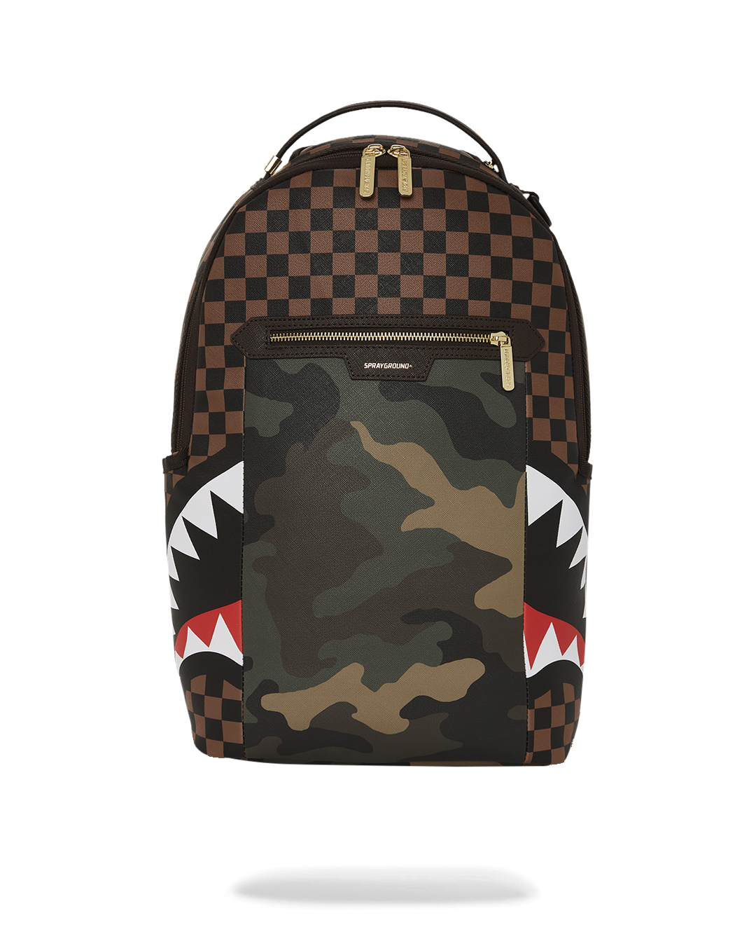 Front view of the faux leather Sharks in Paris backpack with gold zippers and spacious design