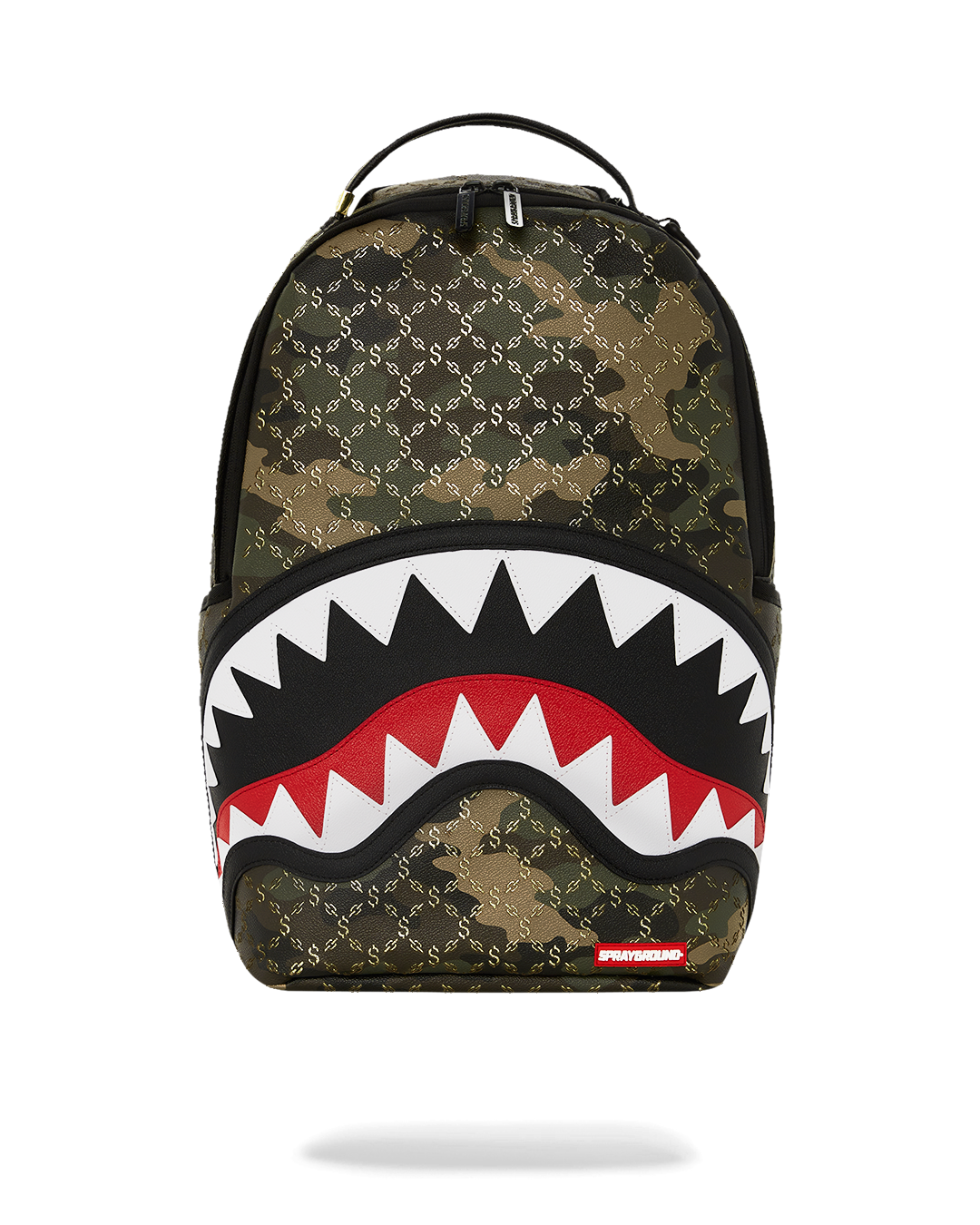 DLXV leather backpack front view, showcasing camo detailing and gold zippers