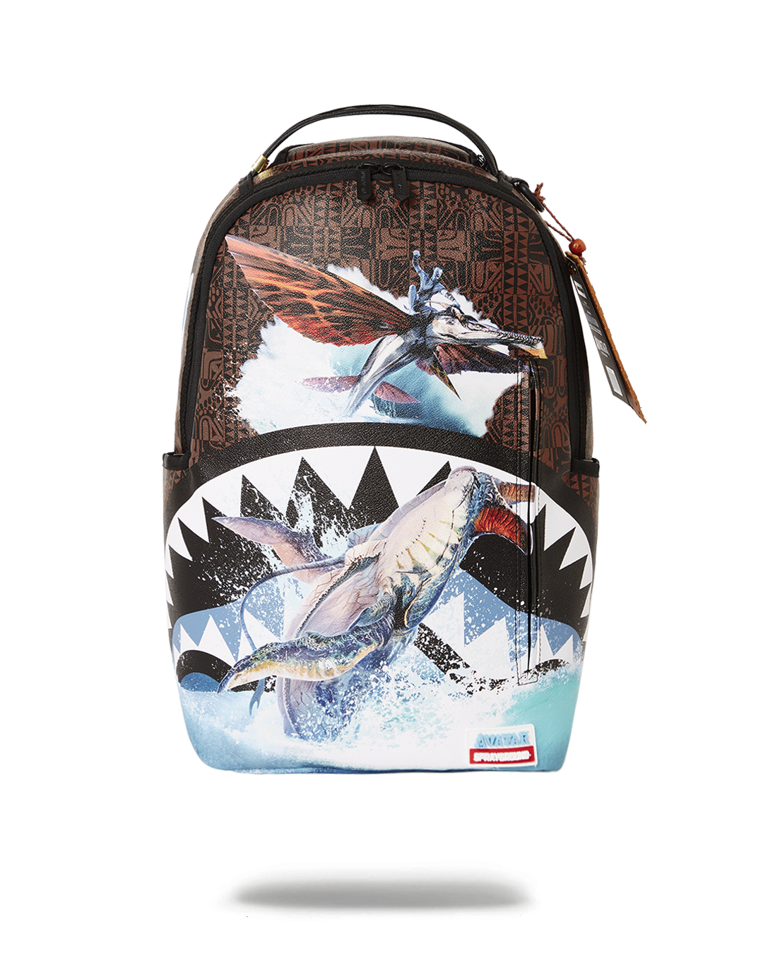 Front view of the Avatar backpack showcasing faux leather texture and bold shark design