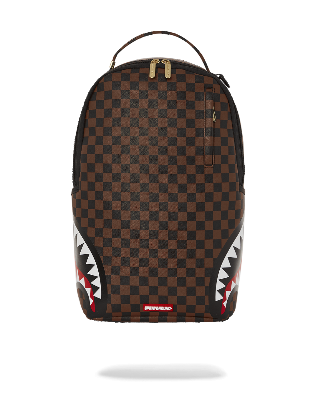 Front view of DLXV backpack showing gold zippers and faux leather texture