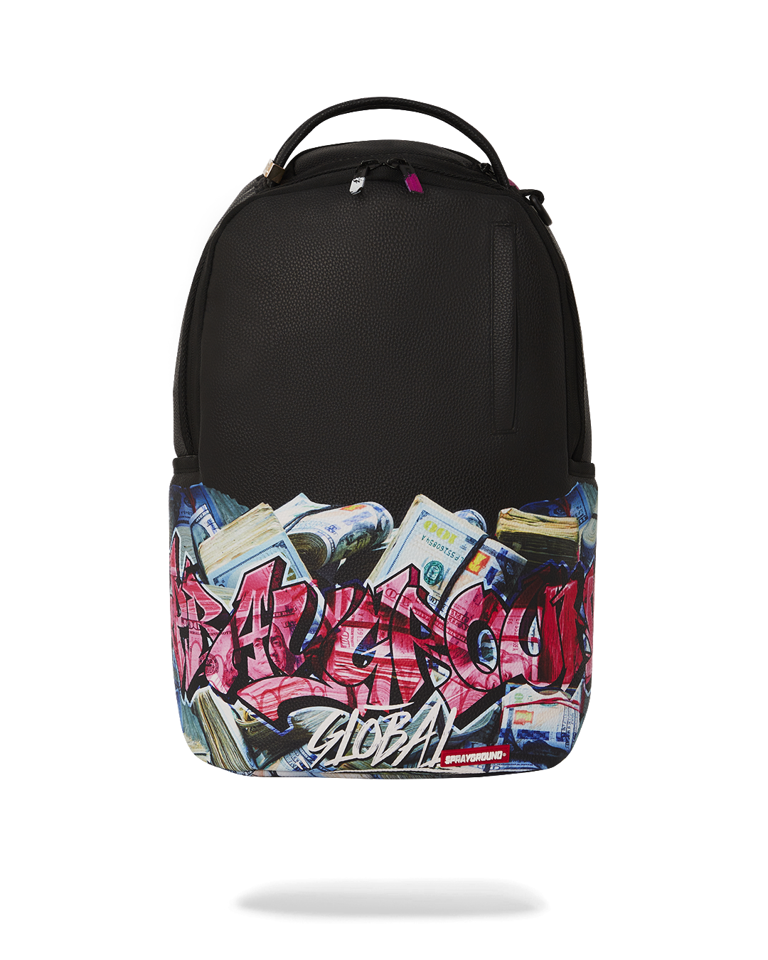 Sprayground Global Games backpack open, showing laptop compartment and organizer pockets