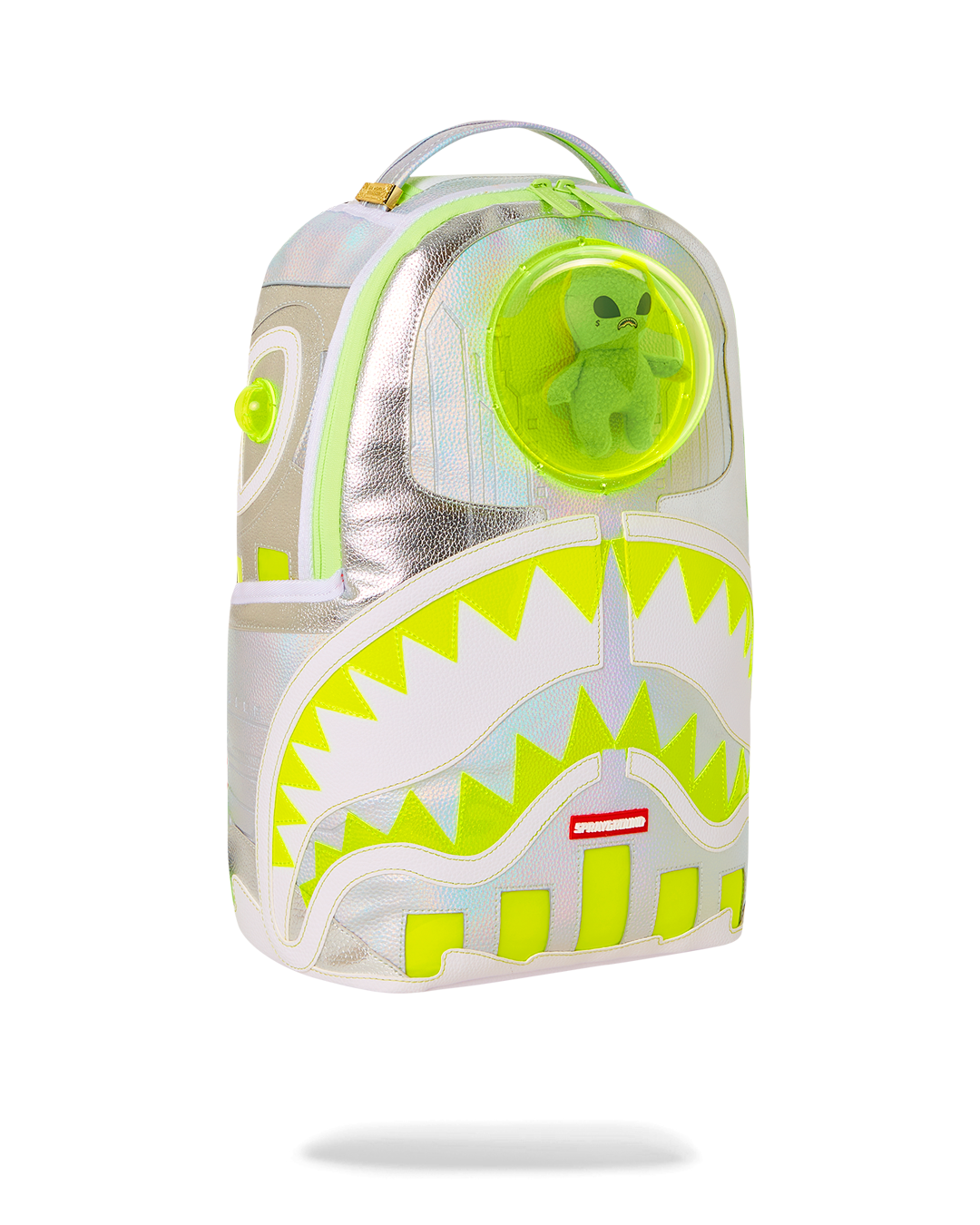 Alien Mothership Backpack front view showcasing metallic fabric and alien capsule