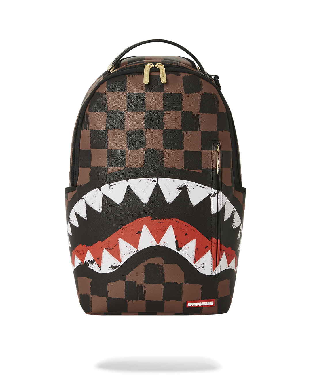 Front view of the pink Sprayground faux leather backpack with gold zippers.