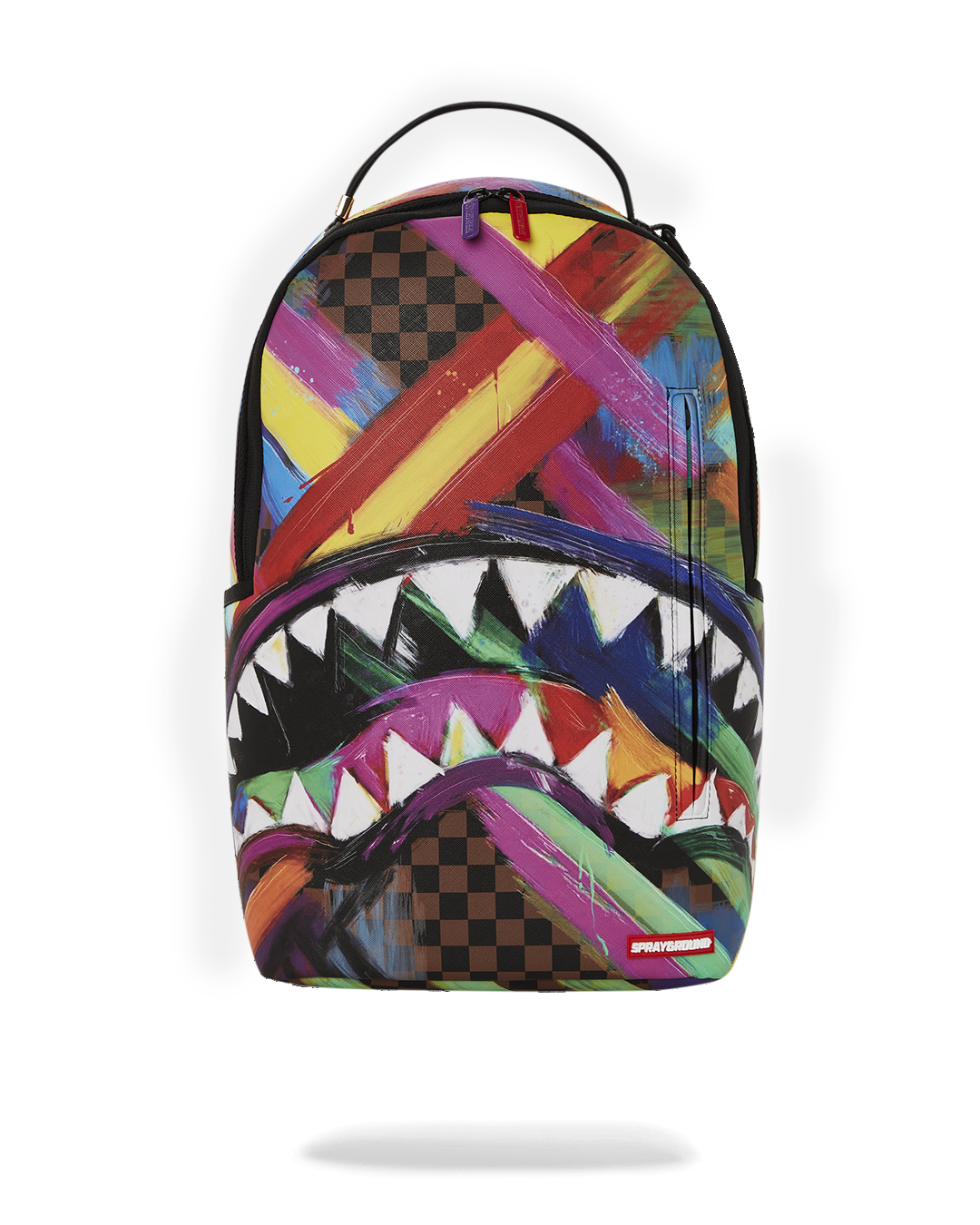 Front view of designer faux leather backpack with gold zippers and luggage sleeve