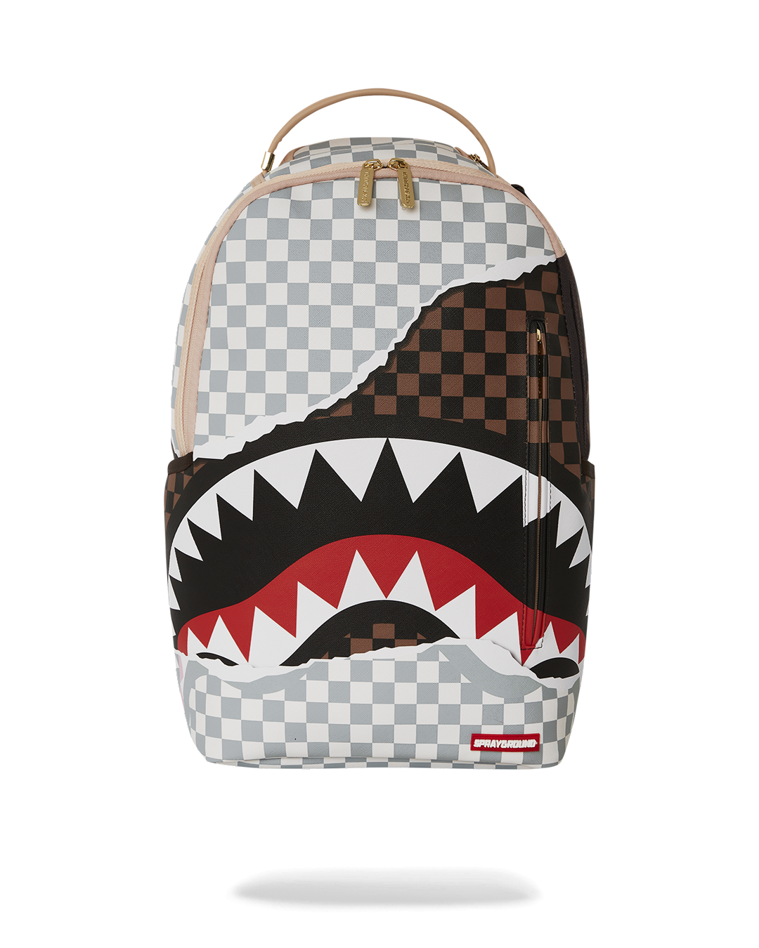 A faux leather backpack angled to show gold hardware and front pocket design