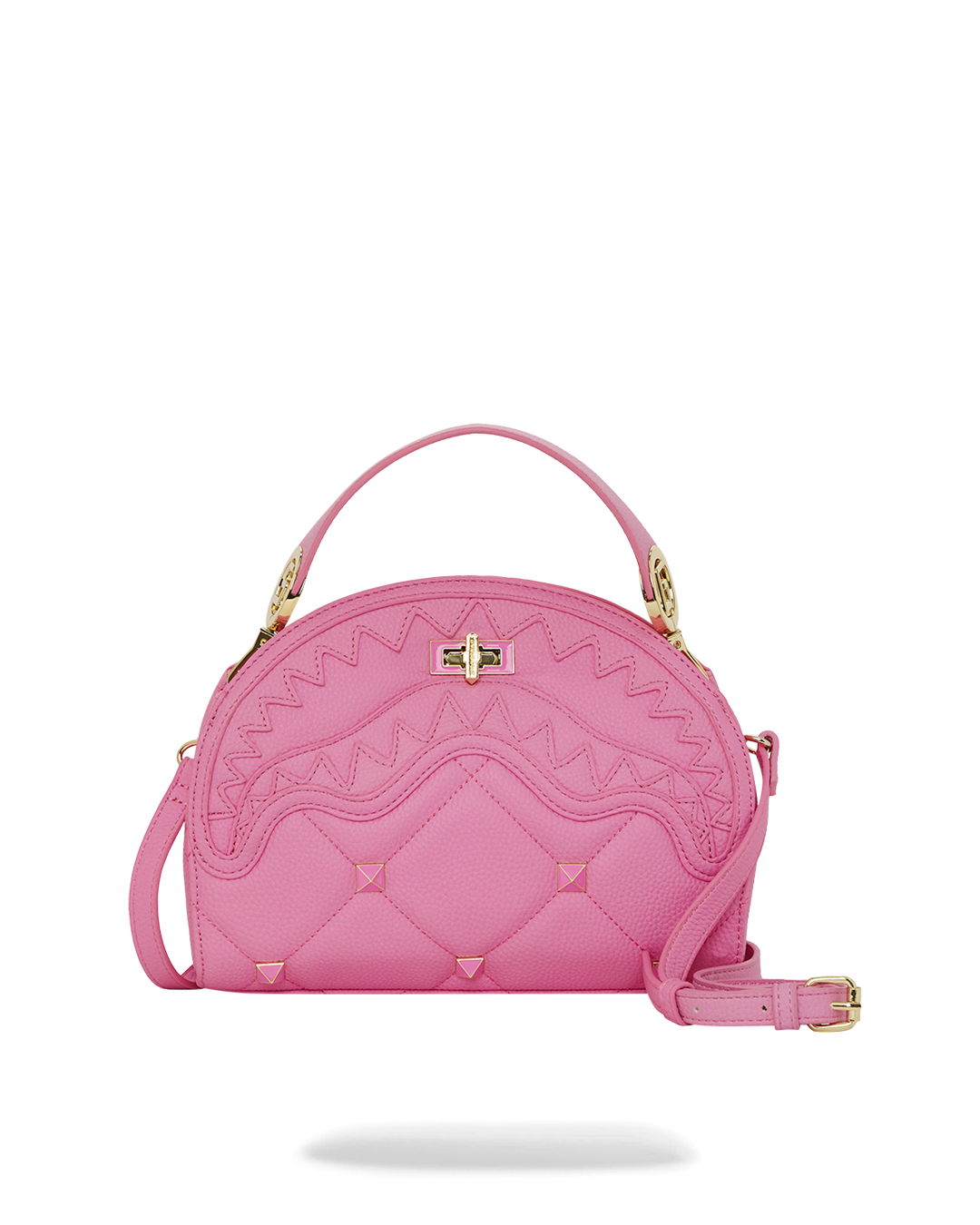 Front view of the pink quilted crossbody handbag with gold enamel studs