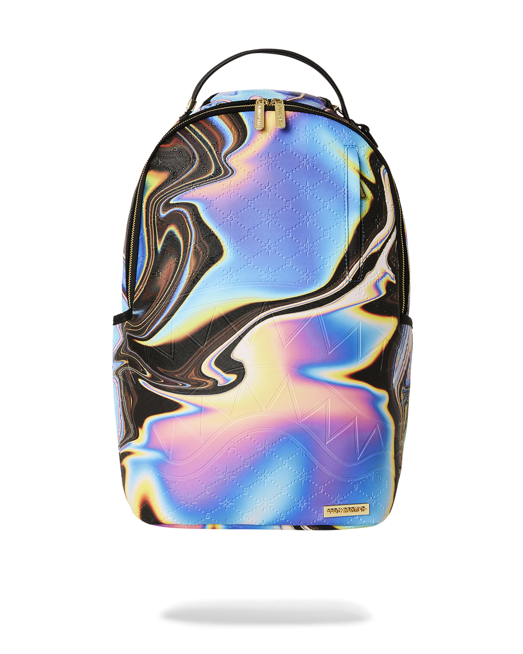 Aurora Luxe Faux Leather Backpack front view, showcasing gold zippers and metal hardware