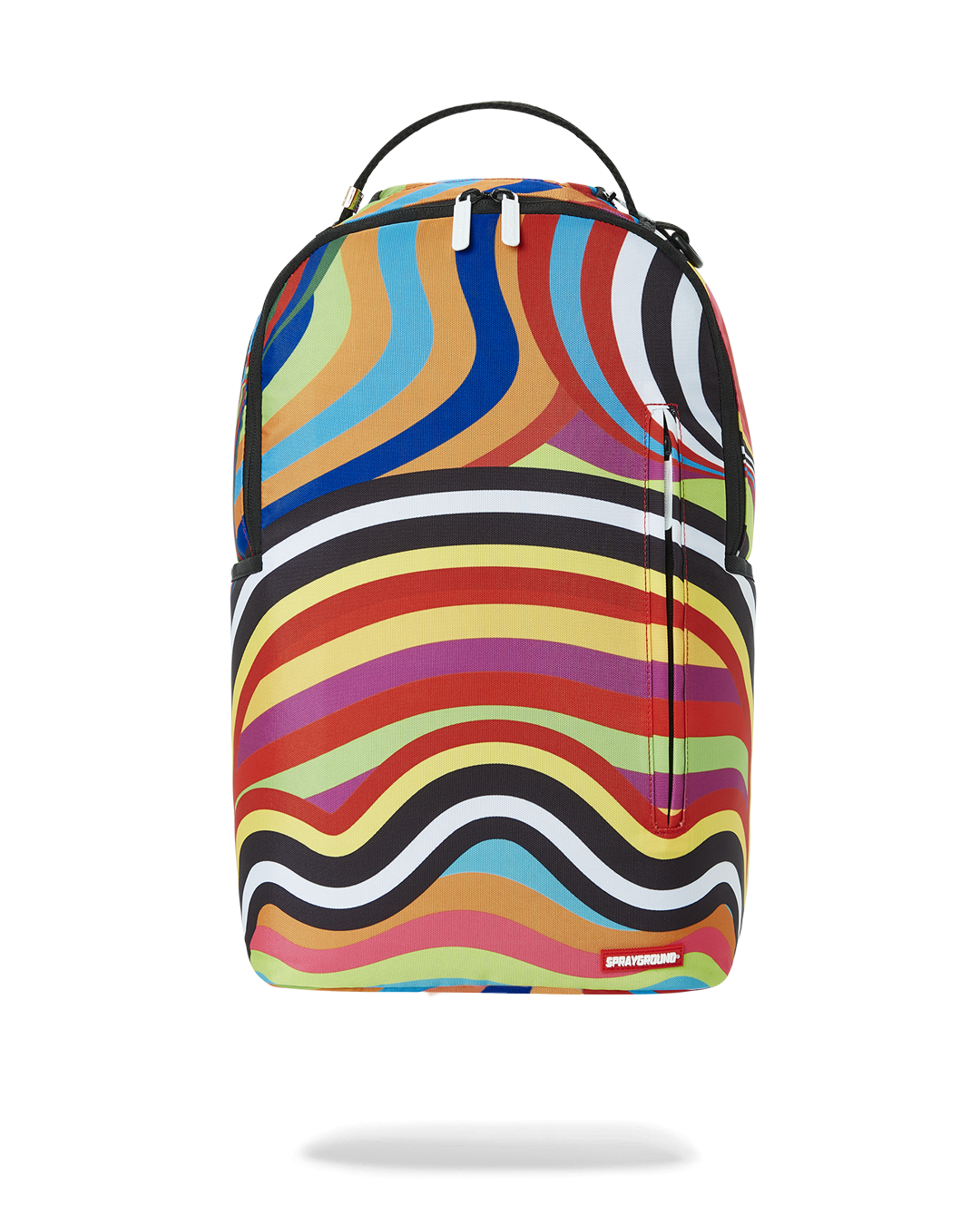 Front view of lava backpack on designer's desk in daylight