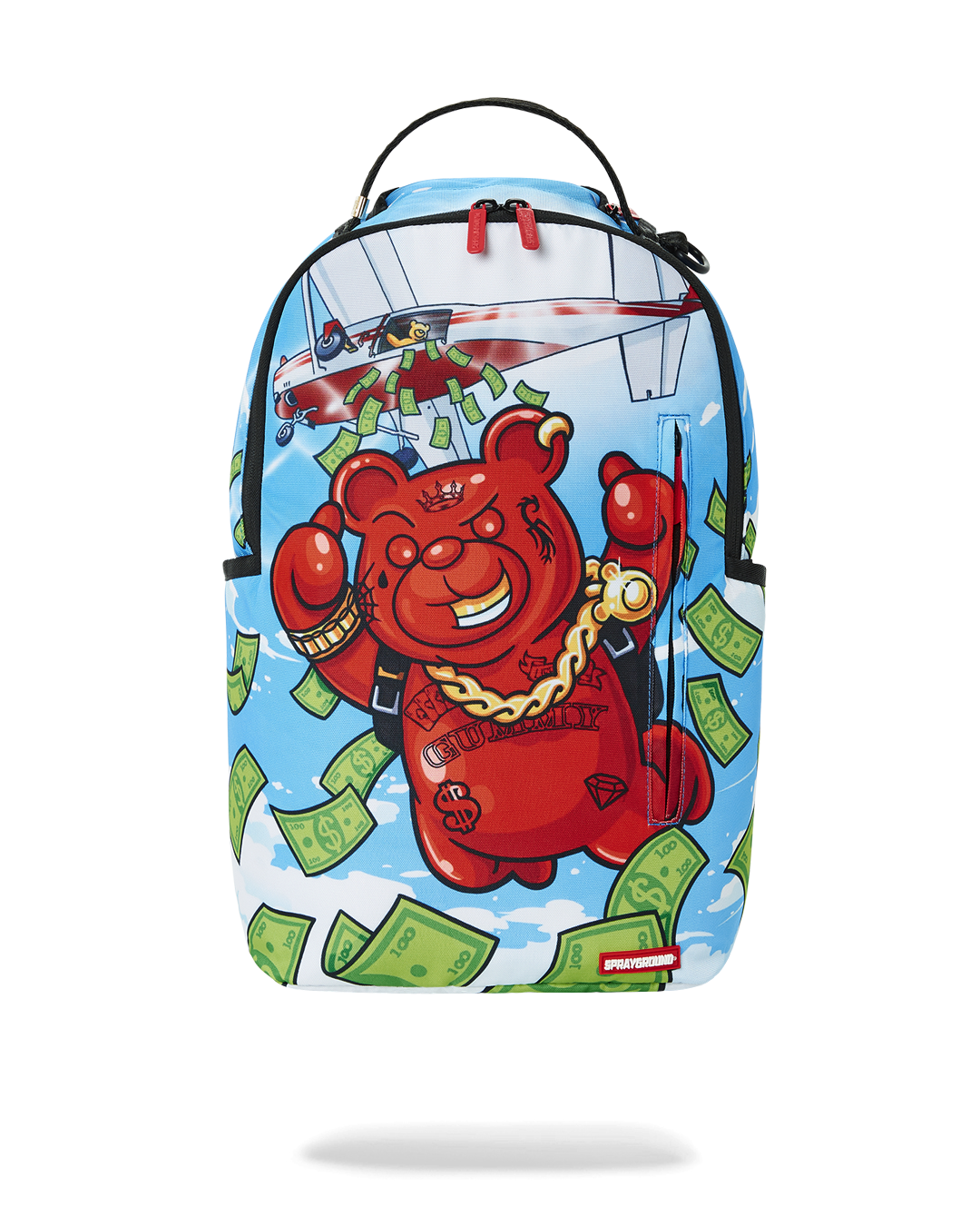 Front view of the Diablo backpack with pink sprayground accents and gold hardware