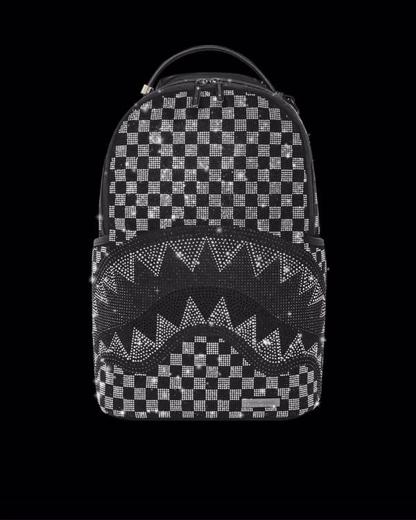 Front view of the sprayground backpack pink edition showcasing gold zippers and crystal design.