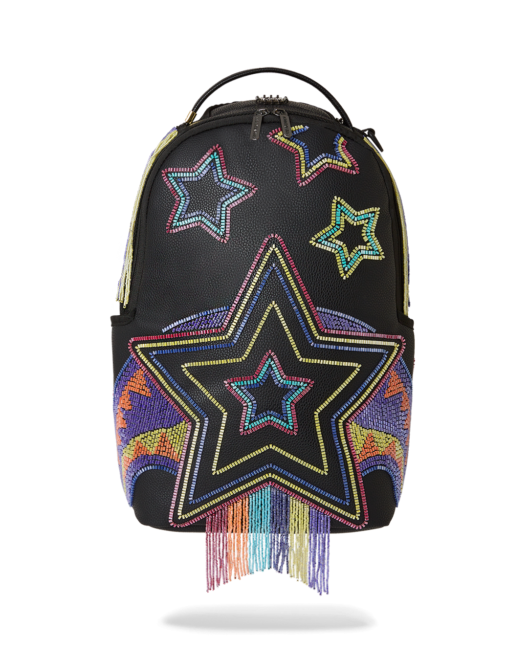 Front view of the Sprayground beaded faux leather backpack showcasing its unique design.