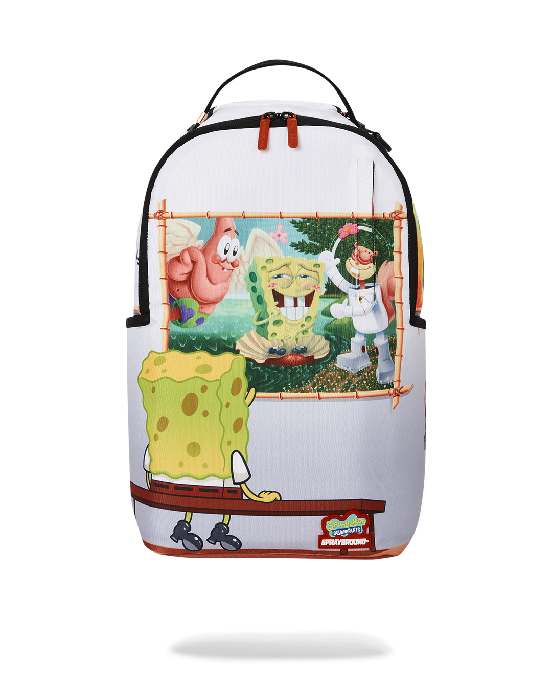 Front view of SpongeBob Sprayground backpack showcasing vibrant art and gold zippers