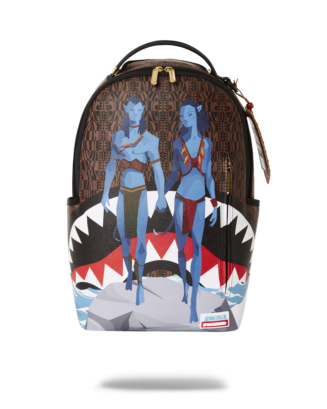 Close-up of Avatar faux leather backpack’s sharkskin texture and metal zippers