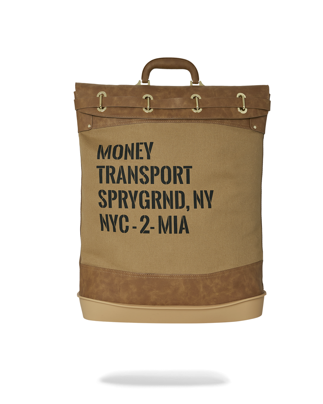Front view of the luxury money bag showcasing gold hardware and turn lock closure.