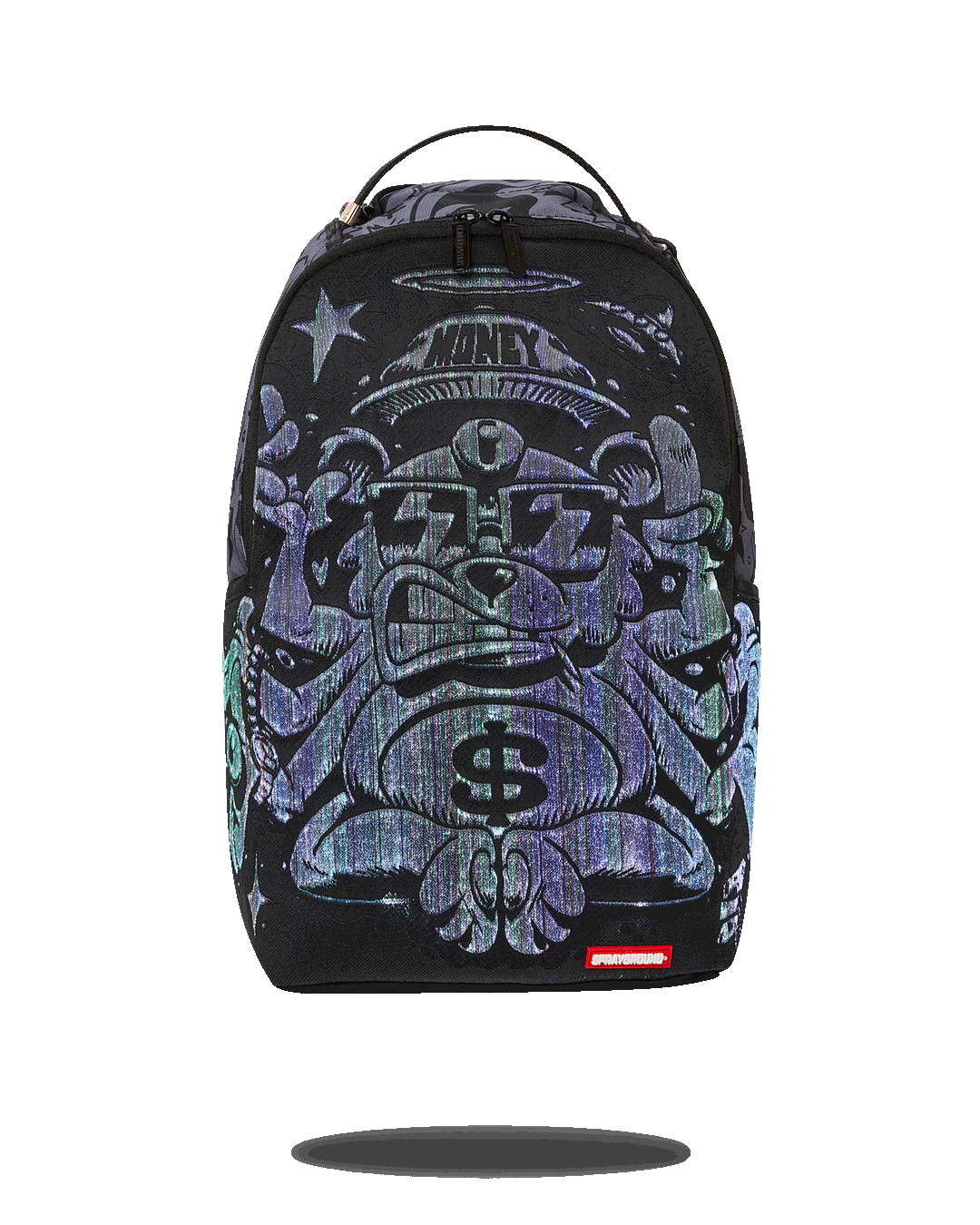 Front view of the illuminated fiber optic backpack showing light settings