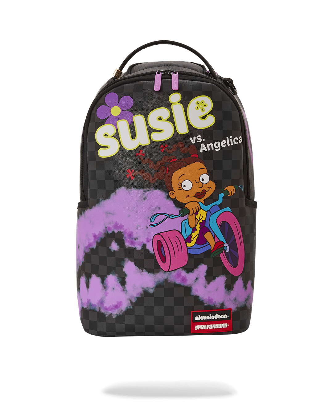 Front view of pink Sprayground backpack with Rugrats character print and gold zippers.