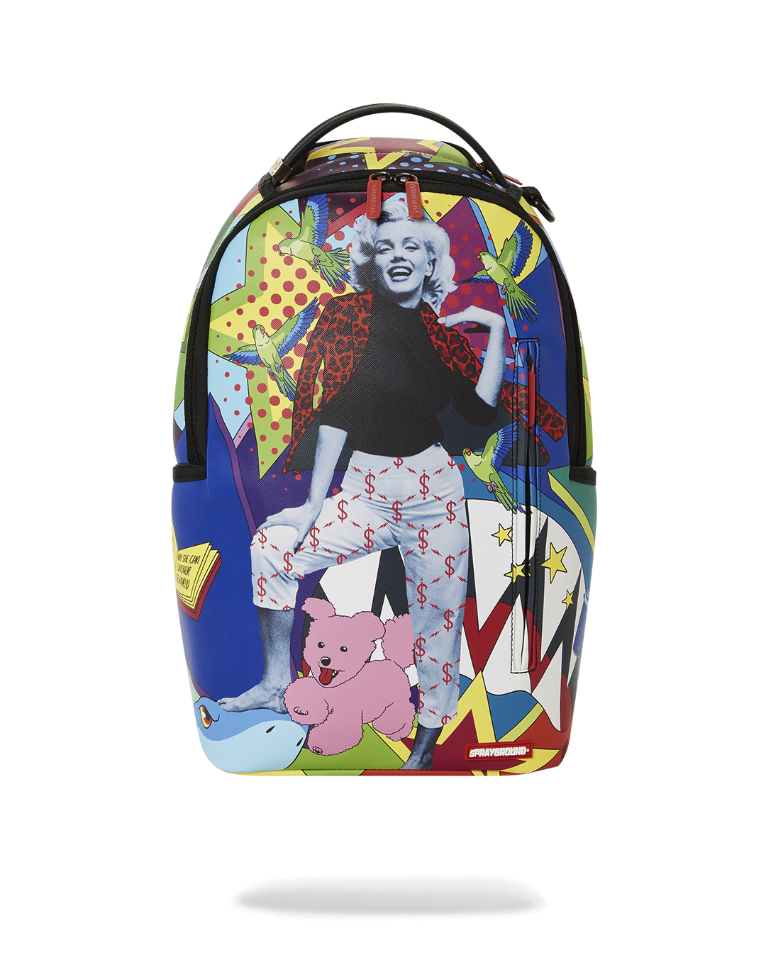 Marilyn Monroe Pop Art backpack front view with front zipper pocket and side pockets