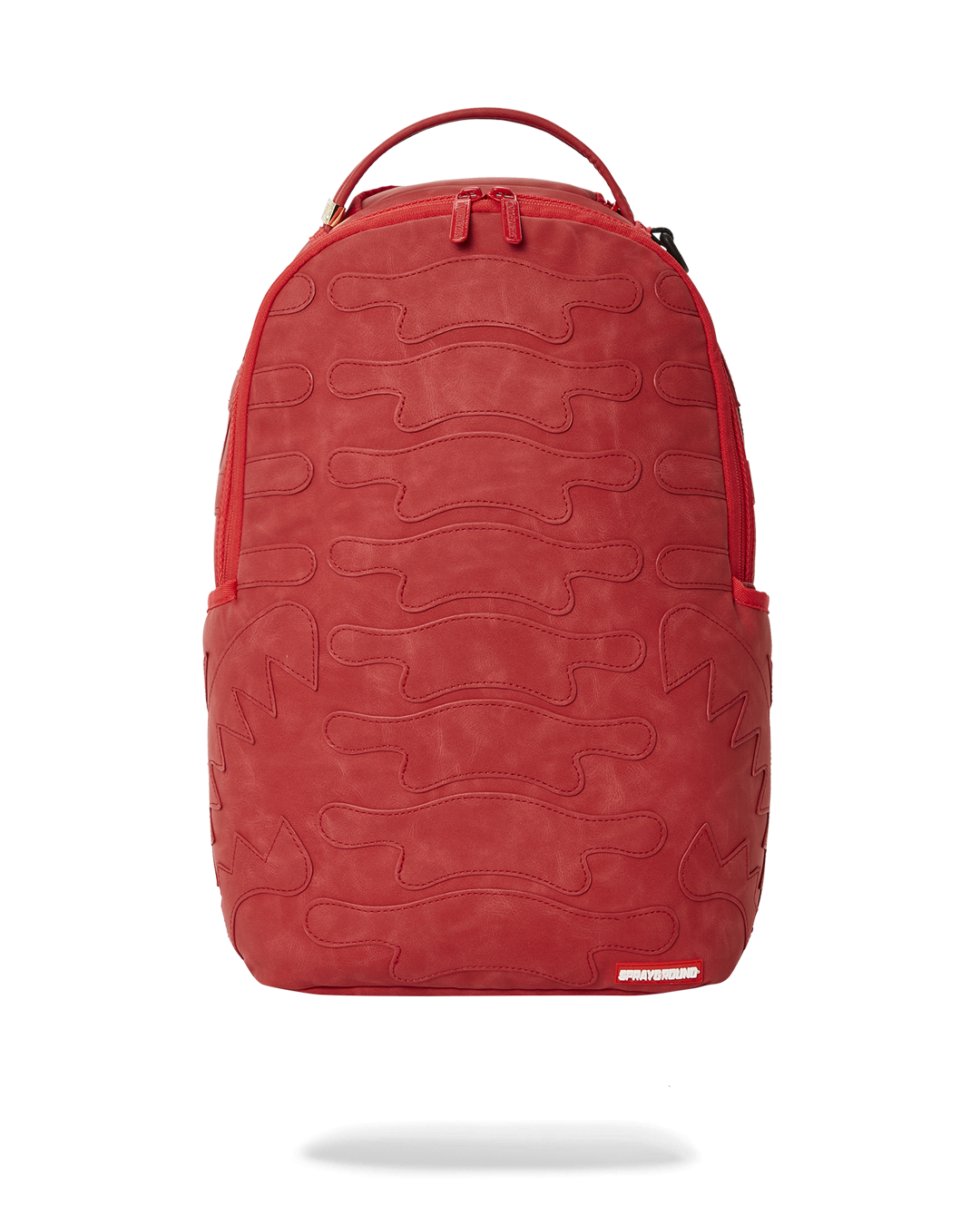 Front view of faux leather backpack featuring zippered stash pocket