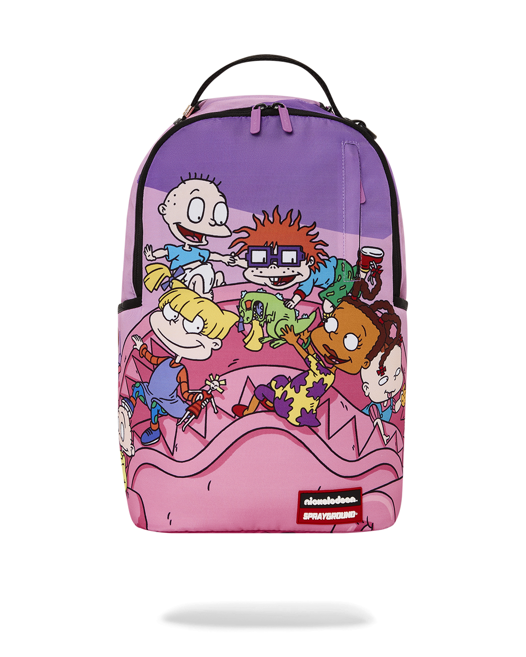 Front view of Rugrats Play All Day Backpack showing multiple compartments and zippers