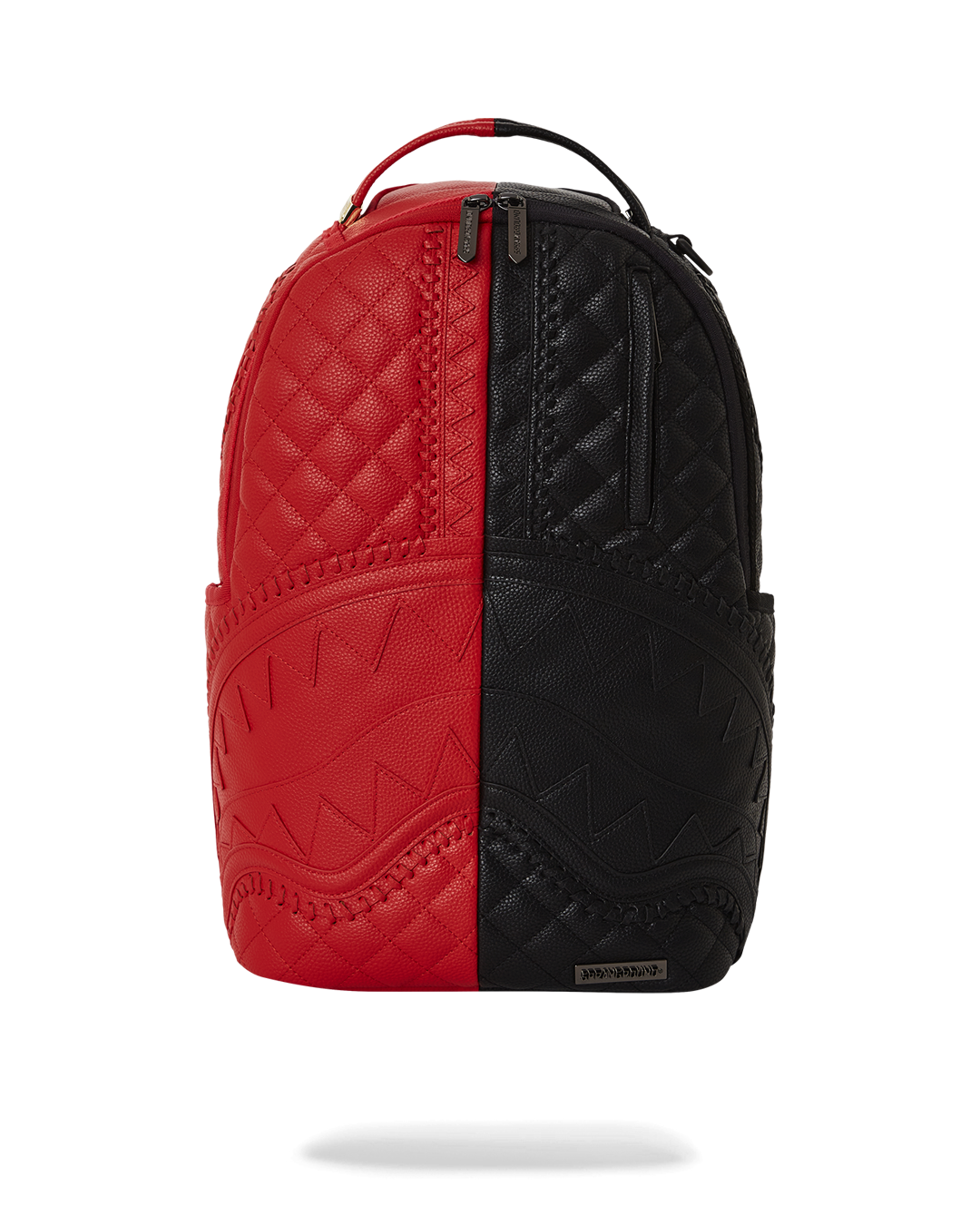 Front view of the Riviera split leather backpack with multiple pockets and gold hardware