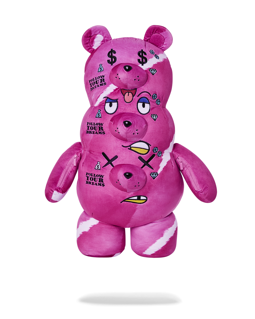 Front view of the 3-headed teddy bear backpack plush, showcasing its cute design and zippered pockets.