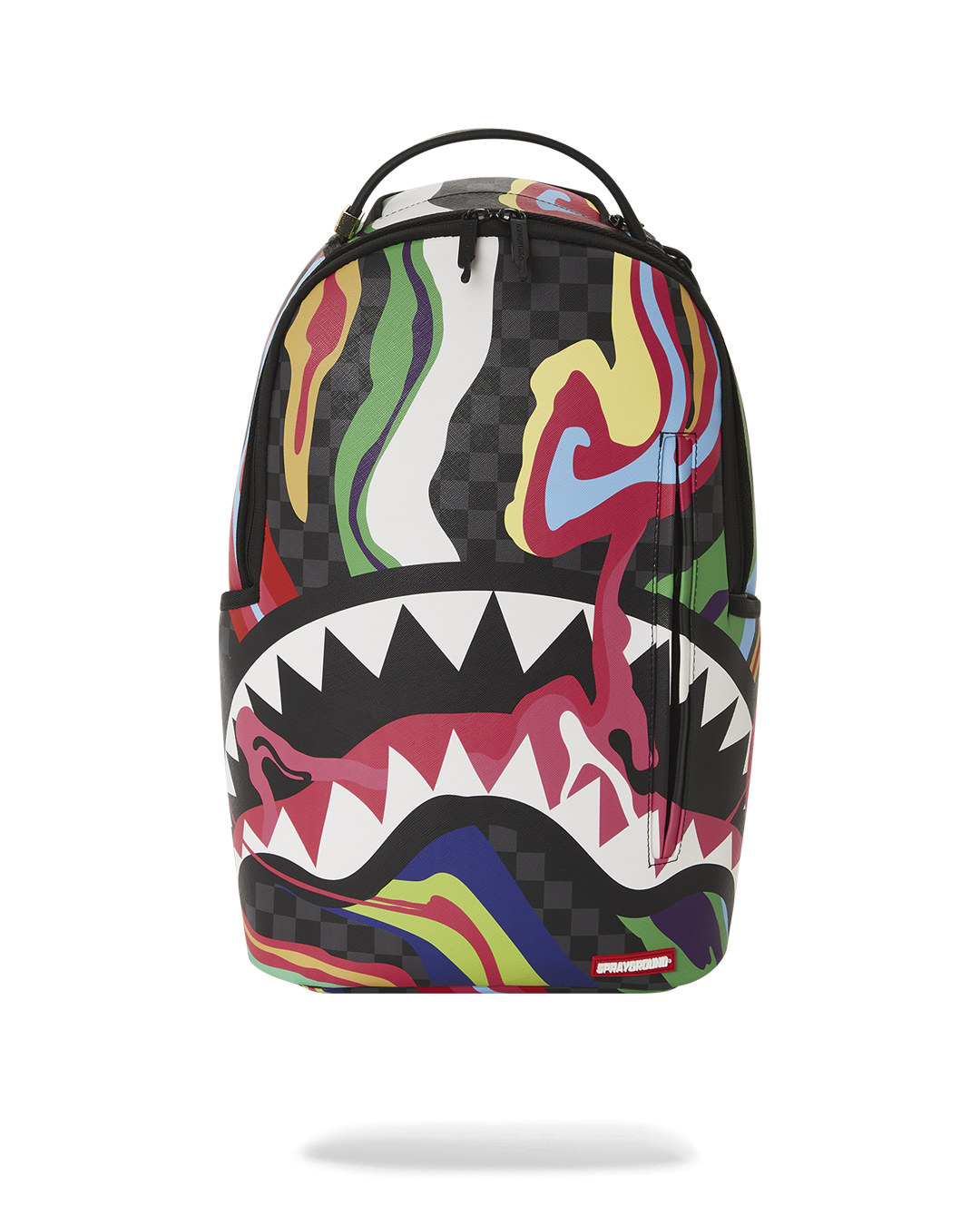 Front view of Trippy Taffy faux leather backpack showcasing pockets.