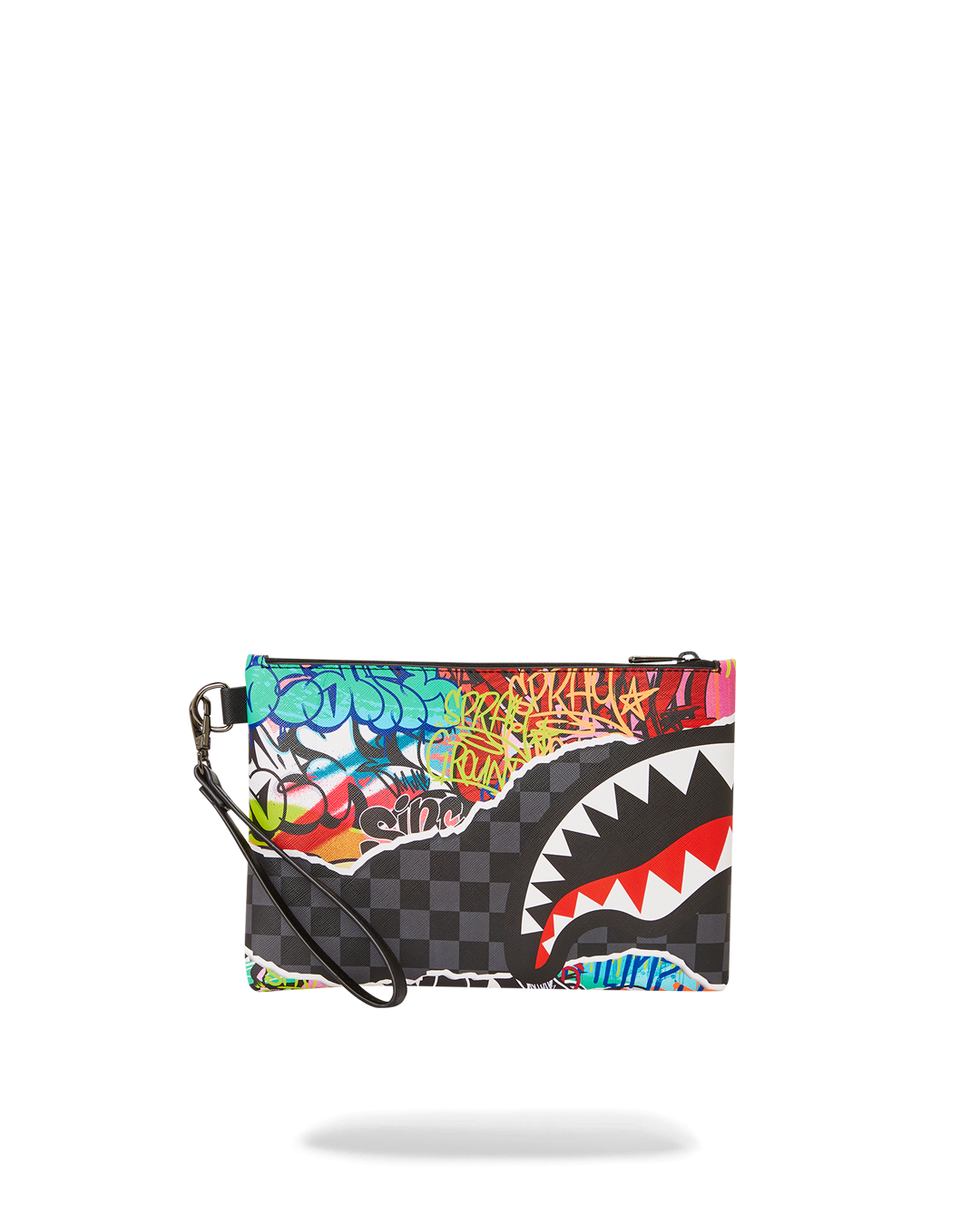 Chic faux leather clutch with removable wristlet strap.