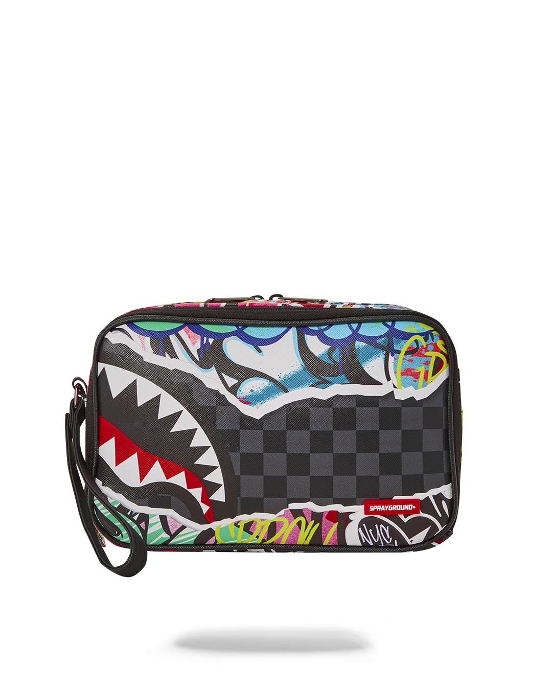 Luxury travel toiletry bag for men, open to reveal two zippered compartments and water-resistant interior pocket.