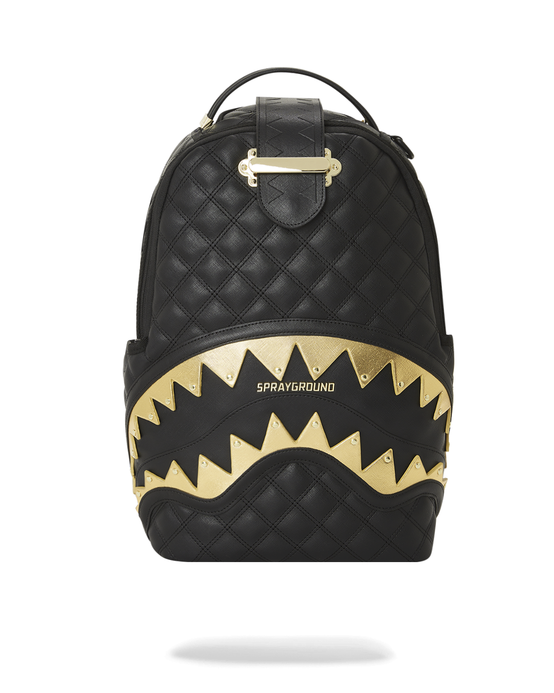 DLXV Geneva Backpack front view with quilted faux leather and metallic gold shark mouth