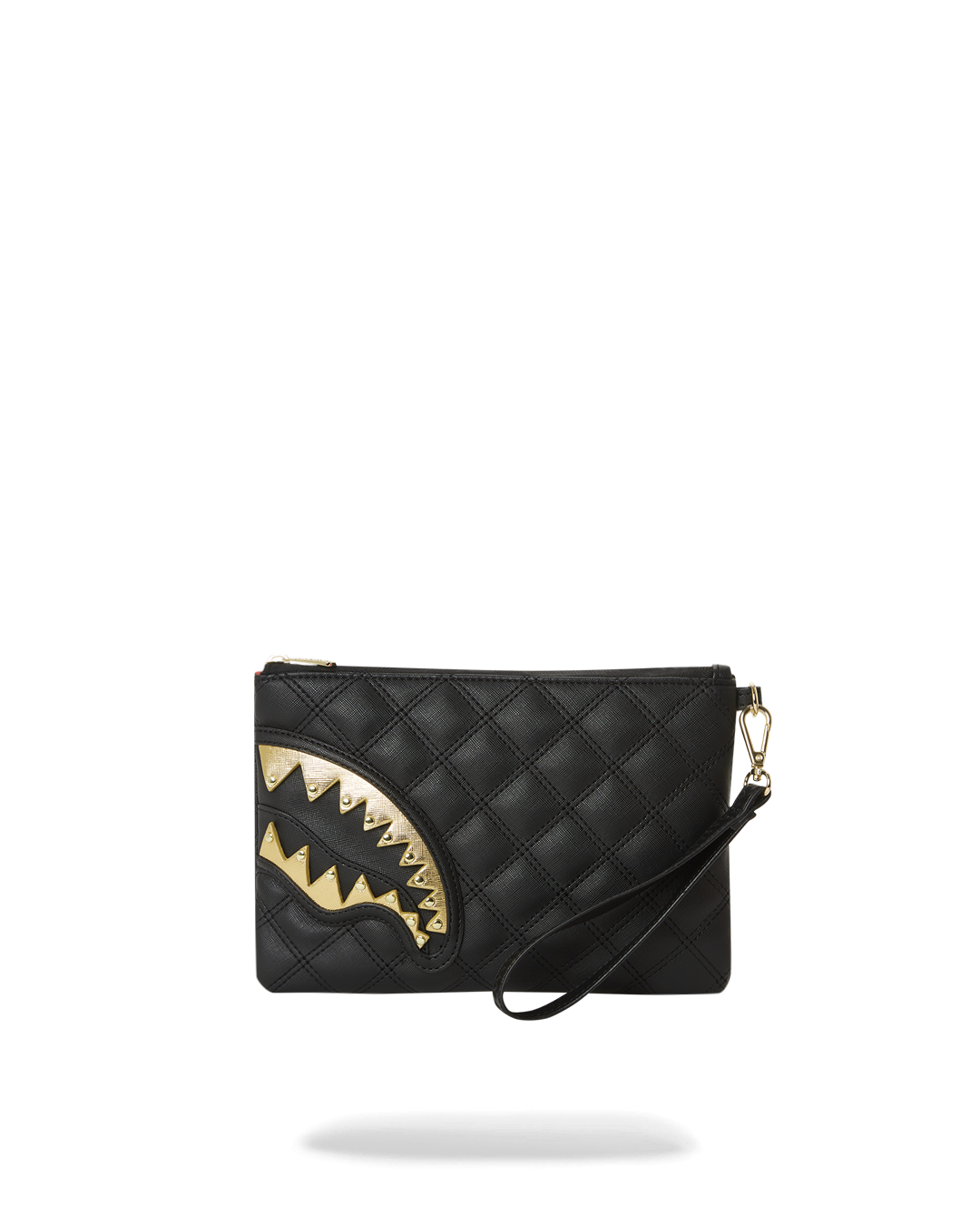 Close-up of Geneva clutch showing quilted texture and gold hardware details