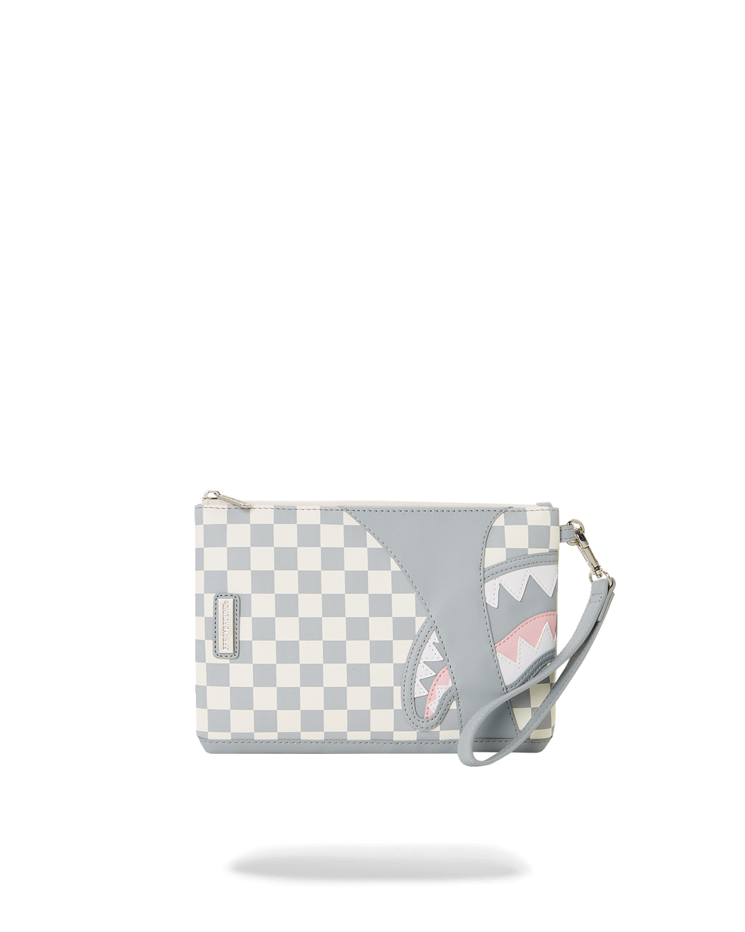 Faux leather clutch bag with wristlet strap, front view