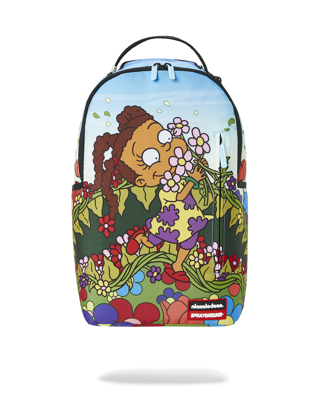 Side view of the ergonomic backpack with cartoon designs for kids.