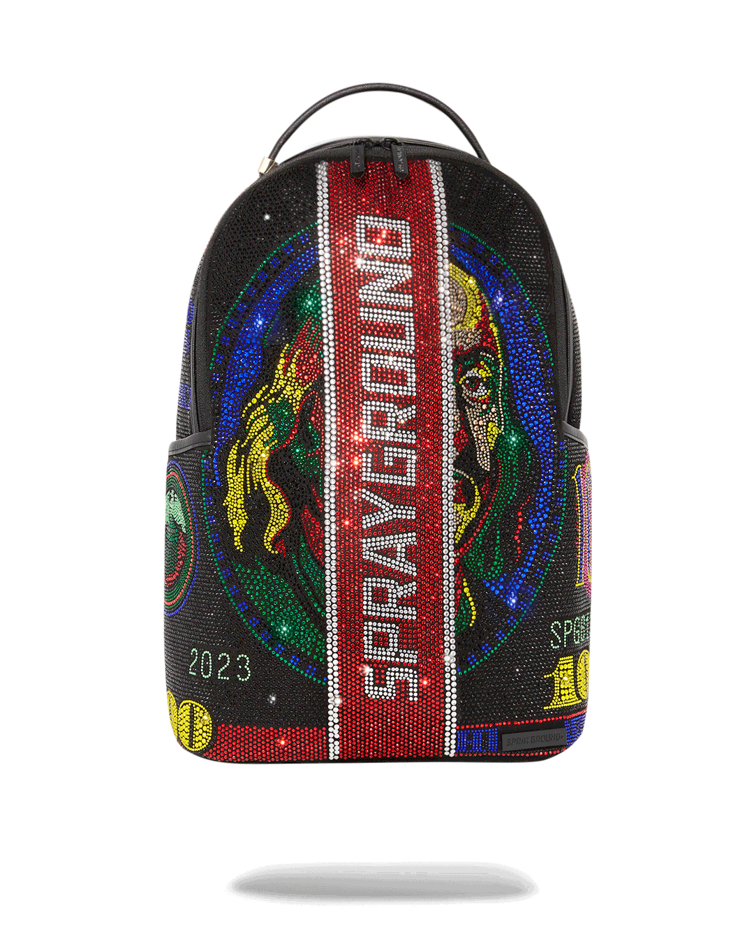 Front view of the vibrant Sprayground backpack with colorful crystals.