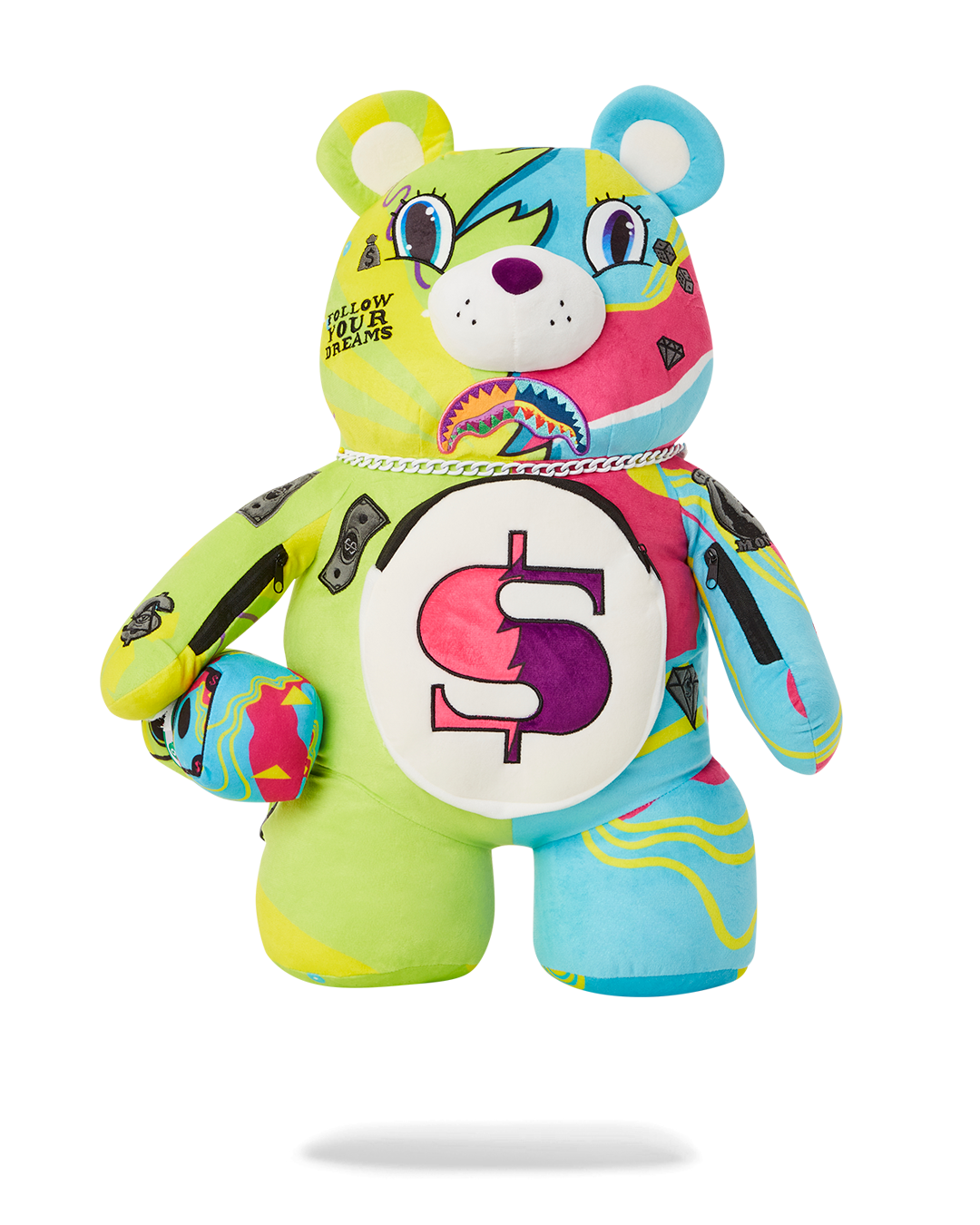 Front view of the limited edition teddy bear backpack with gold accents.