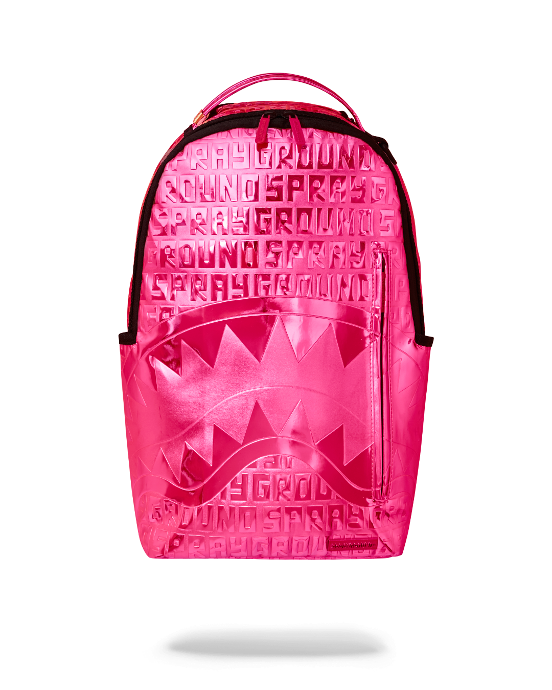 Close-up of pink faux leather backpack with gold zippers and metal hardware