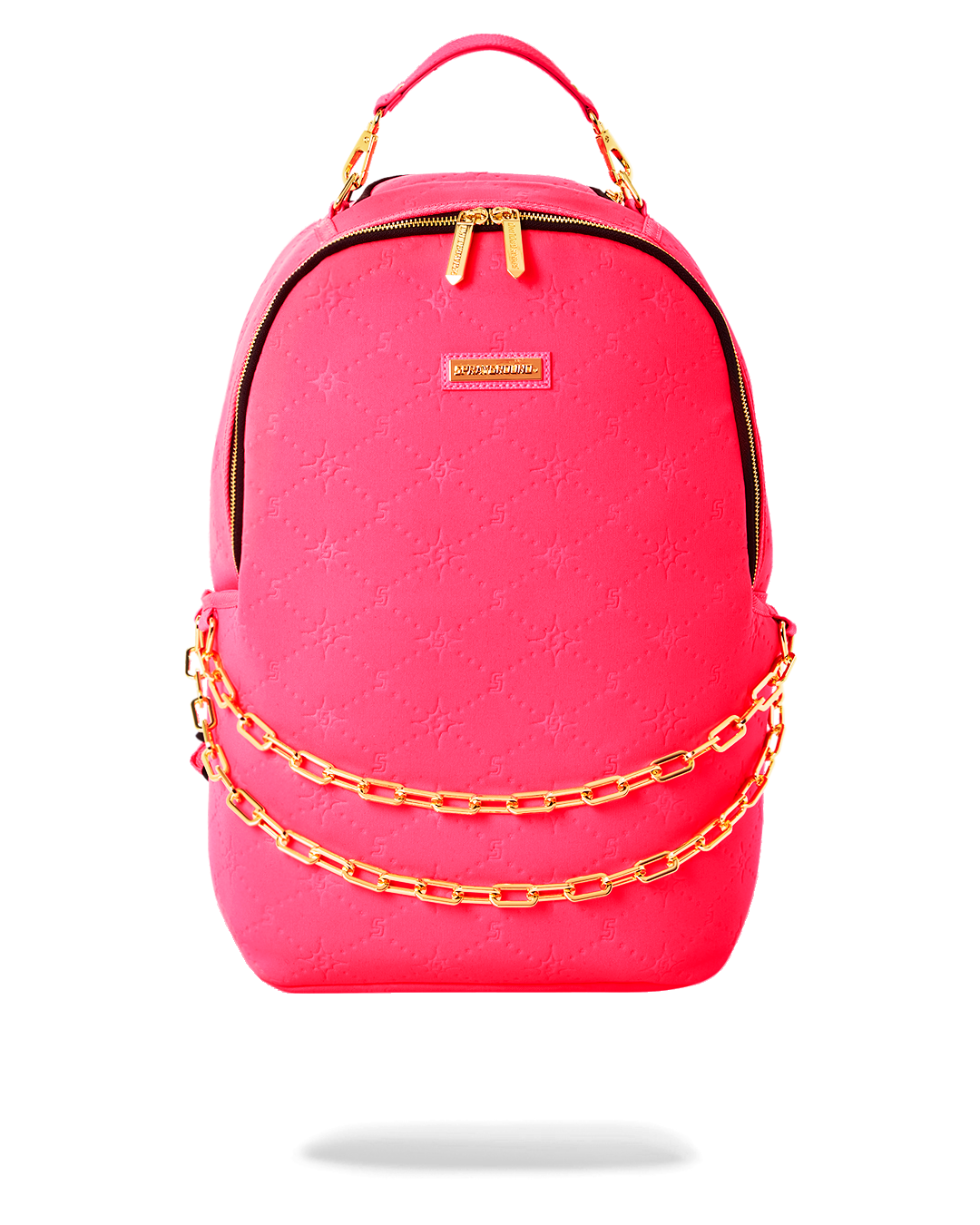 Front view of the Sprayground Chain Reaction backpack with embossed neoprene and gold hardware