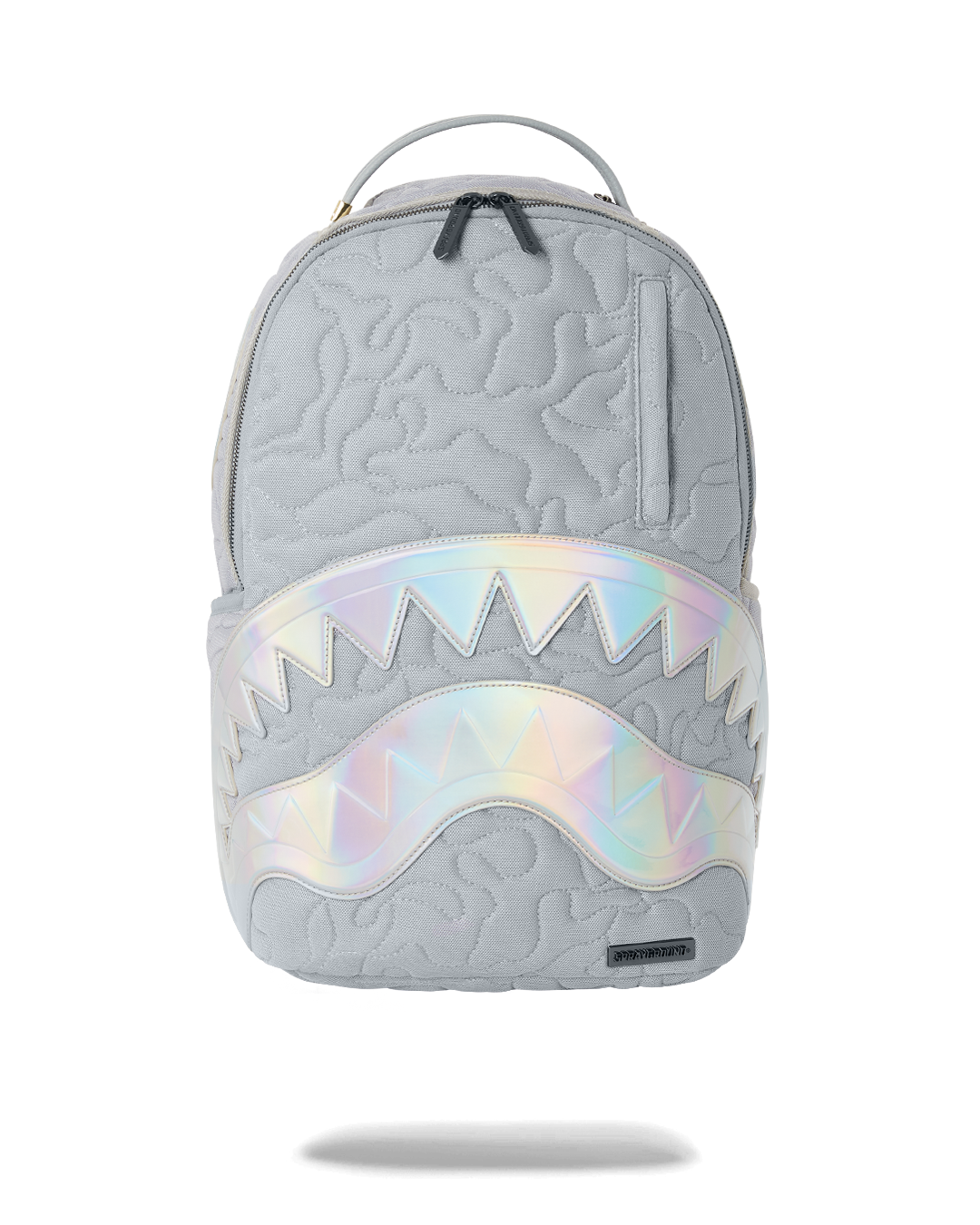 MiraShaku iridescent backpack in camo pattern with faux leather trim.